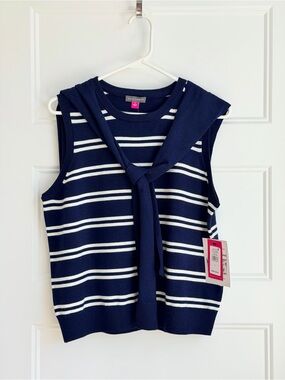 Vince Camuto Navy and White Striped Sleeveless Sweater Vest with Tie